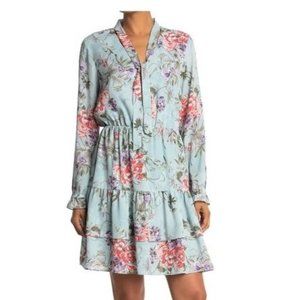 Nanette Lepore Aqua Floral LS Tie Neck Aqua Tiered Dress, 8